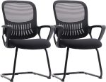 Reception Chair No Wheels, Stationary Non Rolling Mesh Mid Back Computer Guest Side with Lumbar Support for Waiting Area Reception Conference Room, Set of 2, Modern Black