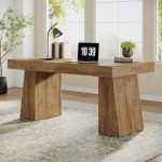 55" Office Desk, Wooden Desk with Double Pedestal, Simple Computer Writing Table for Home Office, Light Brown