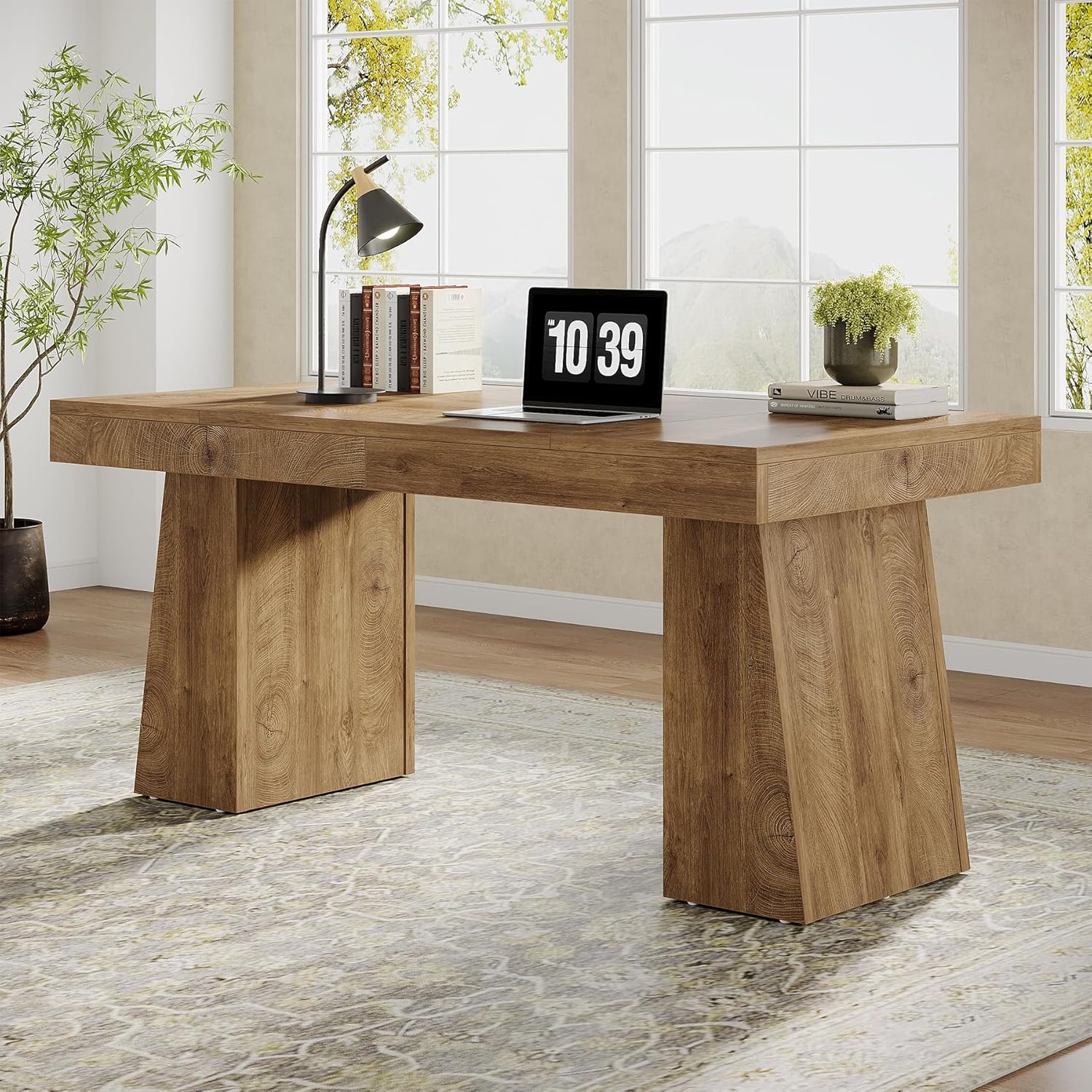 815tJG7OLOL._AC_SL1500_.jpg 55" Office Desk, Wooden Desk with Double Pedestal, Simple Computer Writing Table for Home Office, Light Brown - Image 1