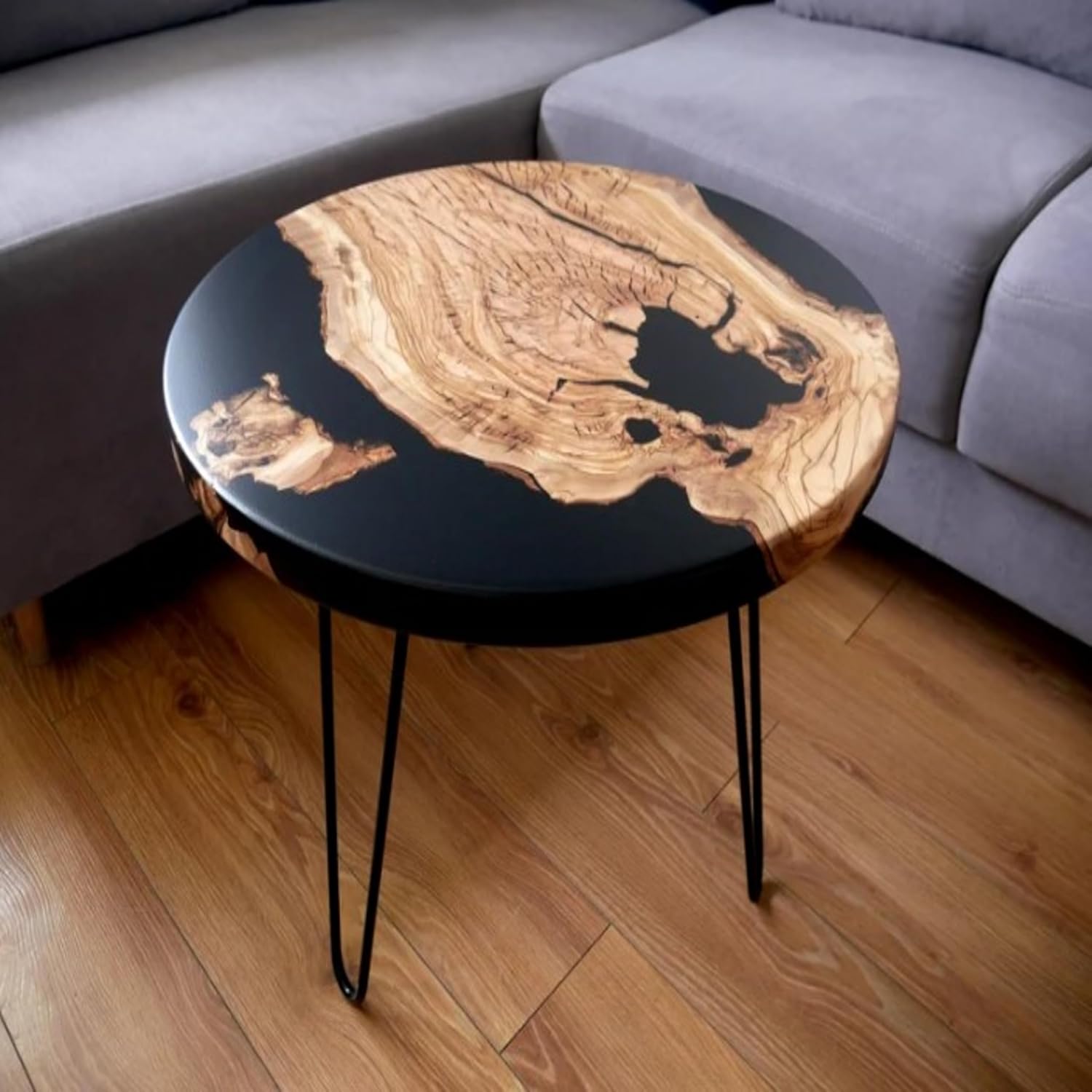 818y-egKKwL._AC_SL1500_.jpg Sleek Black Epoxy Resin Table Natural Wood Slices Table Coffee Table Living Room Table Dining Table Console Table Bar Counter Table Side Table (18 Inches Tall, 66 x 66 Inches) - Image 1