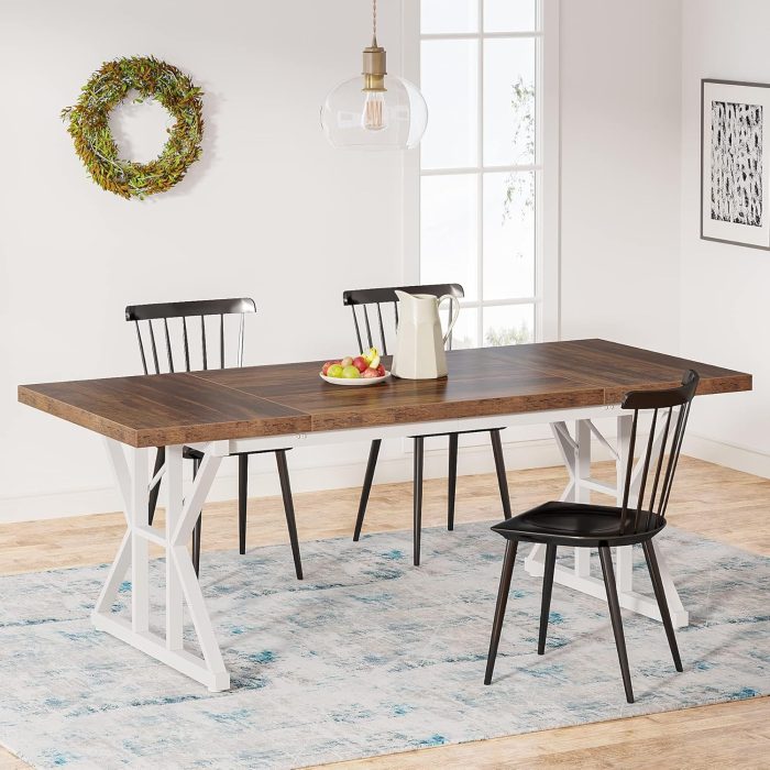 Dining Table for 6 People, 70.8-Inch Rectangular Wood Dining Table, Rustic Kitchen Table with Heavy Duty Metal Legs for Dining Room (Brown/White)
