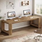 Two Person Desk, 86.6 Inches Extra Long Desk, Double Computer Writing Table, Wood Large Desk Workstation for Home Office, Natural Wood