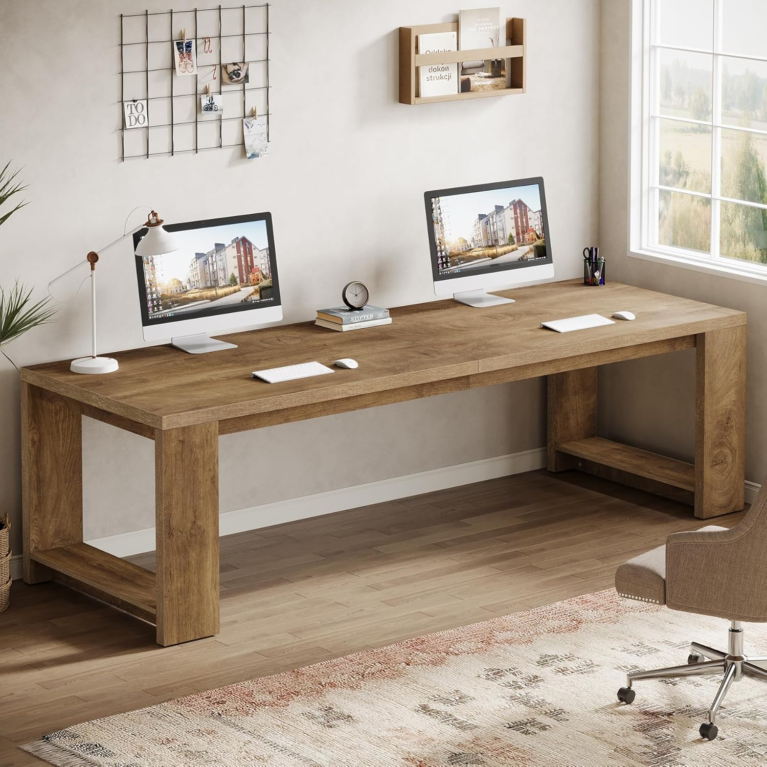 81uAYDPhAyL._AC_SL1500_.jpg Two Person Desk, 86.6 Inches Extra Long Desk, Double Computer Writing Table, Wood Large Desk Workstation for Home Office, Natural Wood - Image 1