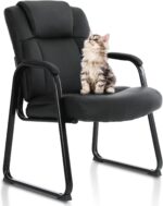 Big and Tall Office Chair 500lbs Leather Reception Chair with Bonded Padded Armrest Wide Seat Sled Base Desk Chair No Wheels for Reception Conference Waiting Room Side Office Home, Black