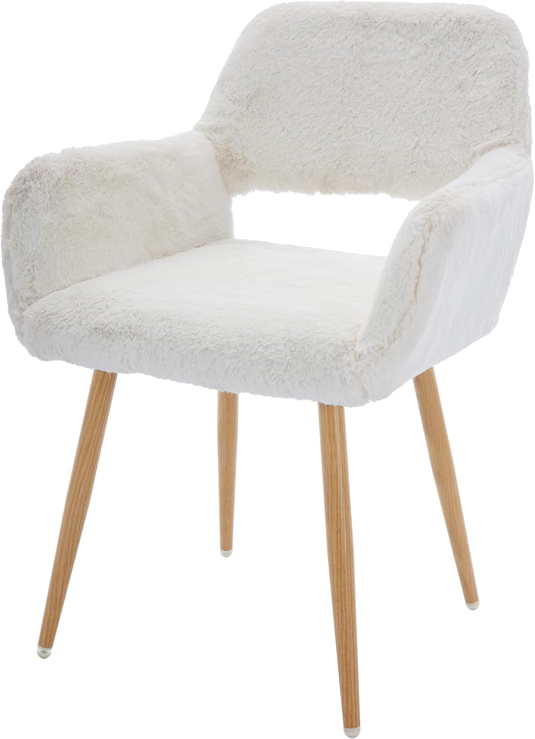 61Z5rVMTnaL._AC_SL1500_.jpg Home Office Faux Fur Desk Chair, Fluffy Makeup Vanity Chair, Comfy Accent Armchair with Wood Grain Metal Legs, Cute Dining Chair with Hollowed Back, White - Image 1