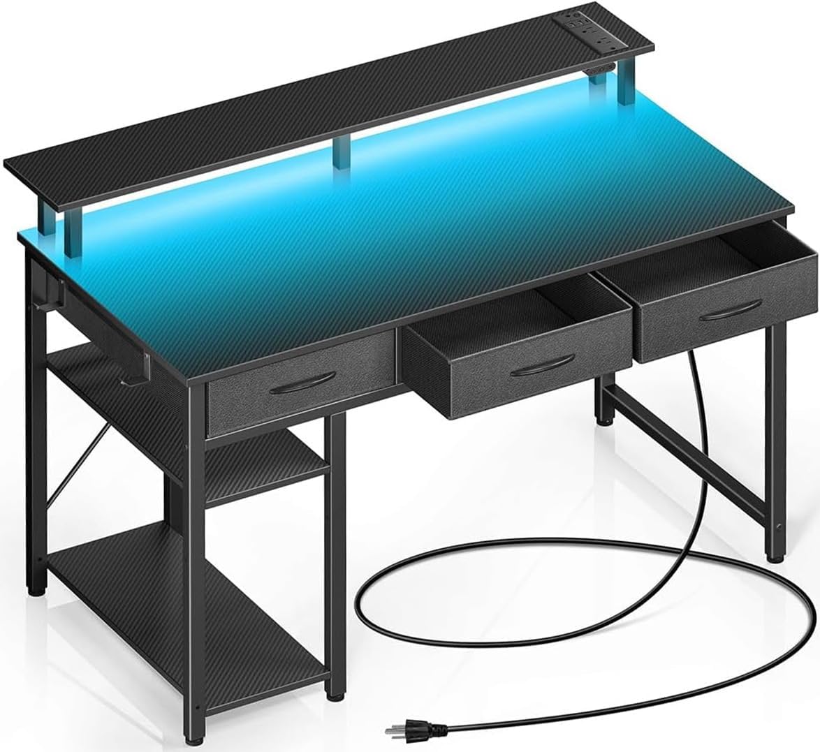 61rNkLfAFfL._AC_SL1174_.jpg Computer Desk with Power Outlets & LED Light, 39 inch Home Office Desk with 3 Drawers and Storage Shelves, Writing Desk with Monitor Stand, Work Desk for Home Office, Carbon Black - Image 1