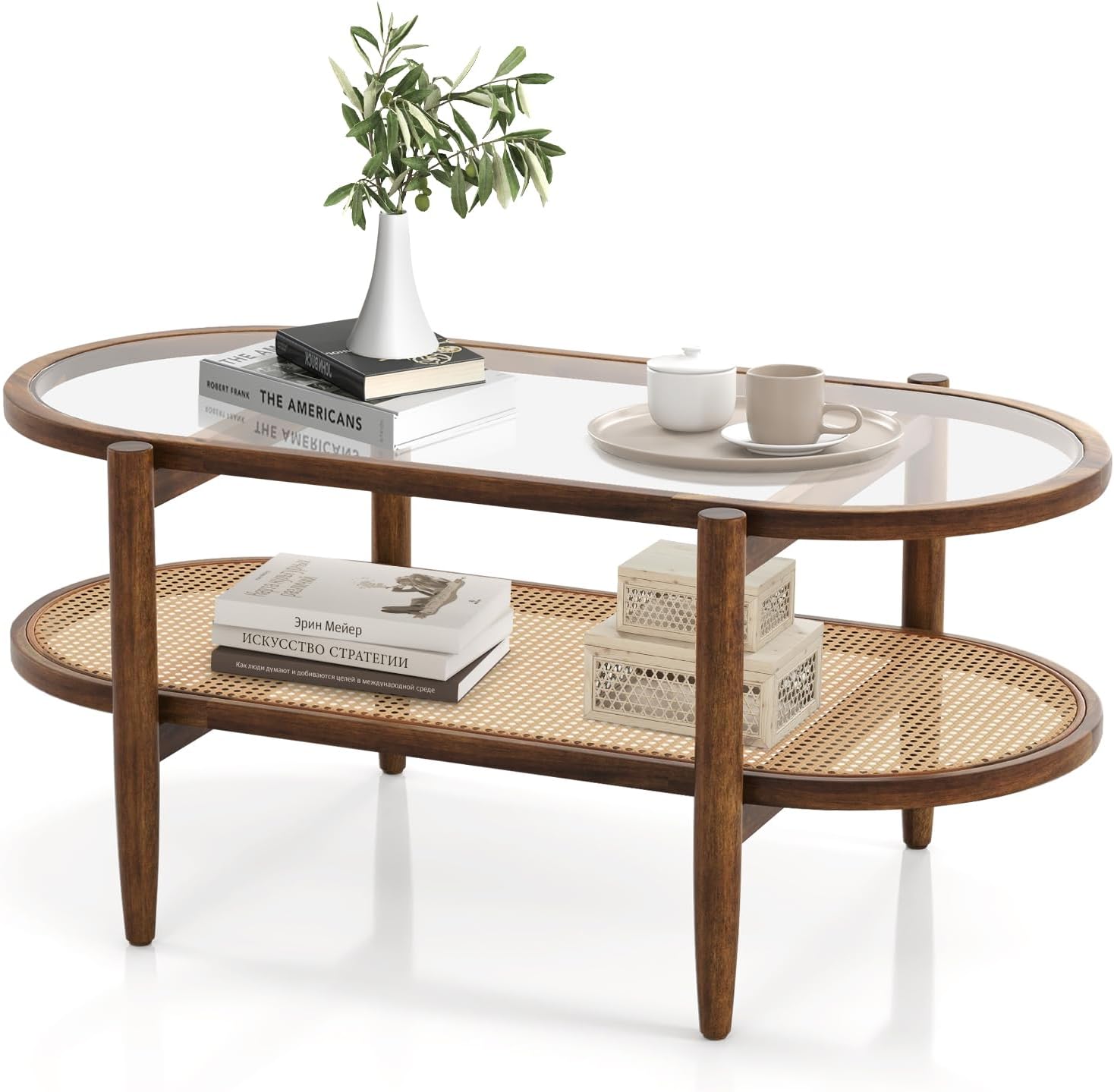 7119on6O2L._AC_SL1500_.jpg Rattan Coffee Table, 40”L Boho Oval Acacia Wood Cocktail Table with Tempered Glass Tabletop & PE Rattan Storage Shelf, 2-Tier Tea Center Table for Living Room Office Reception (Boho, Brown) - Image 1