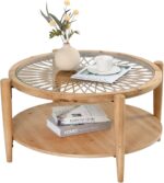 Rattan Coffee Tables, 2-Tier Round Boho Cocktail Tables, Mid Century Modern Coffee Table with Rattan & Tempered Glass Top and Wood Legs, Sofa Table for Living Room (Natural)