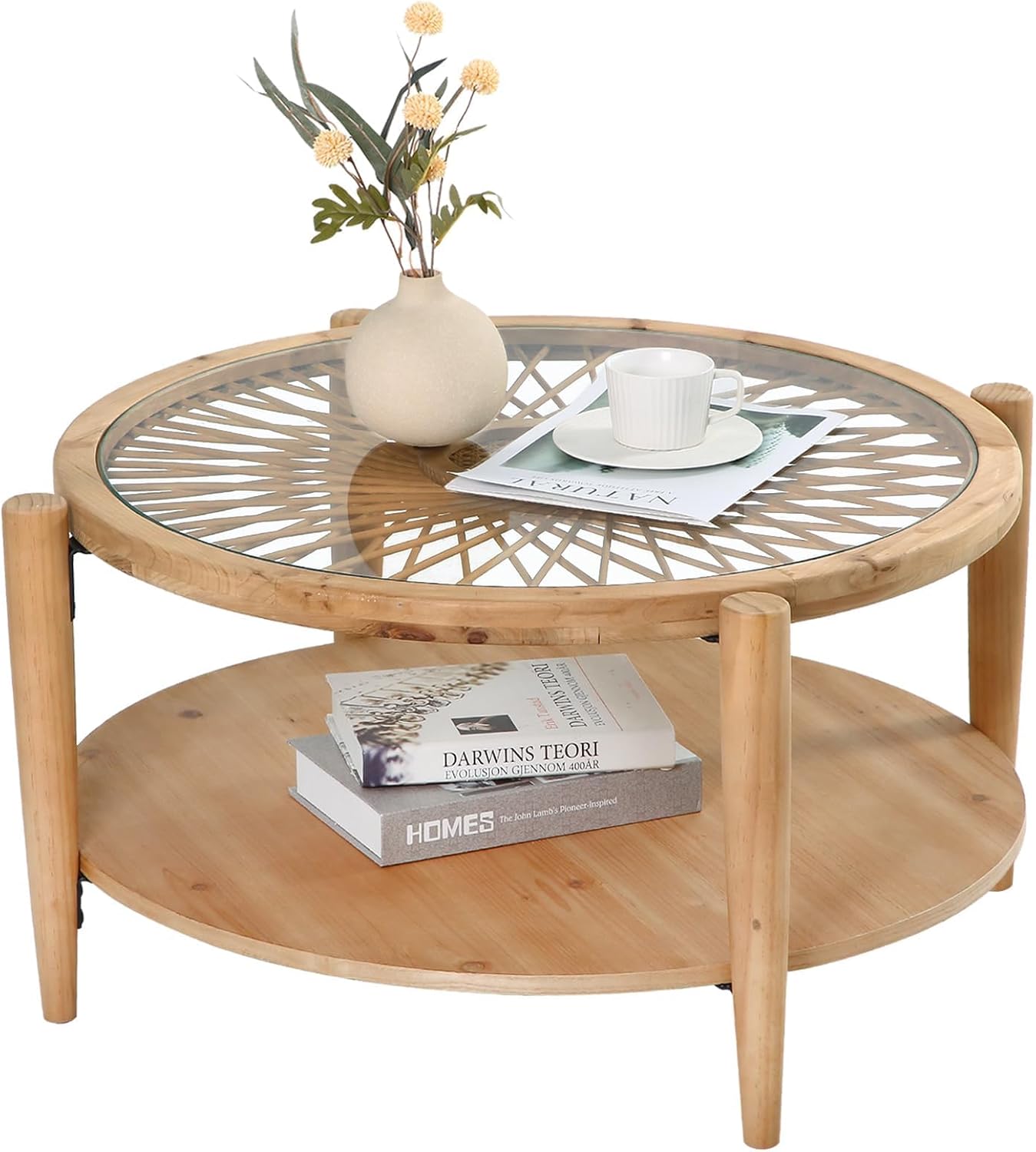 718gXAKmBFL._AC_SL1500_.jpg Rattan Coffee Tables, 2-Tier Round Boho Cocktail Tables, Mid Century Modern Coffee Table with Rattan & Tempered Glass Top and Wood Legs, Sofa Table for Living Room (Natural) - Image 1