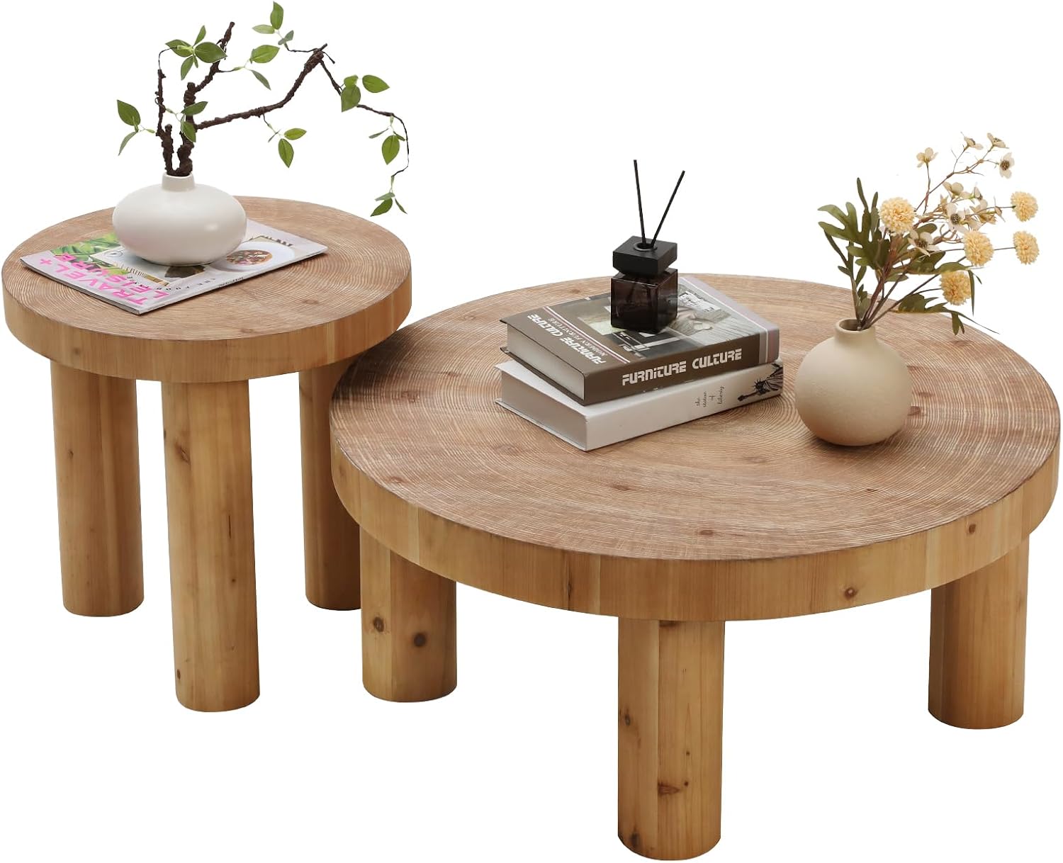 7199seiexkL._AC_SL1500_.jpg 2-Piece Round Coffee Table, Rustic Coffee Table Sets, Circle Wooden Ring Finish with Solid Wood Legs, Center Tables Set for Living Room (Natural) - Image 1