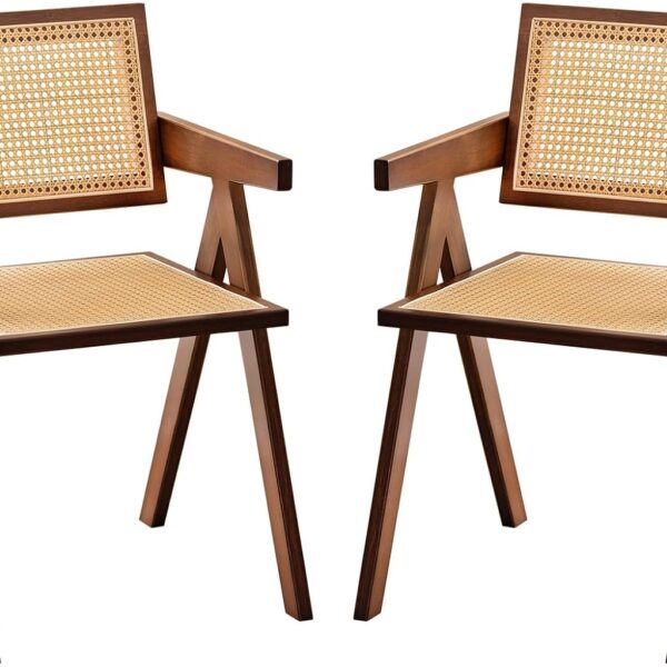 Rattan Accent Chairs, Modern Mid Century Dining Chairs Set of 2, Comfy Armchairs, Outdoor Rattan Chairs with Armrest for Bedroom Living Room Reading Room Dining Kitchen, Brown