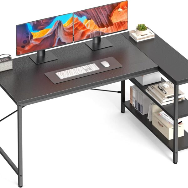 L Shaped Desk 39 Inch Computer Desk Gaming Furniture Corner Desks Home Office PC Table with Reversible Storage Shelves for Writing Working Study Bedroom Dorm, Modern Black