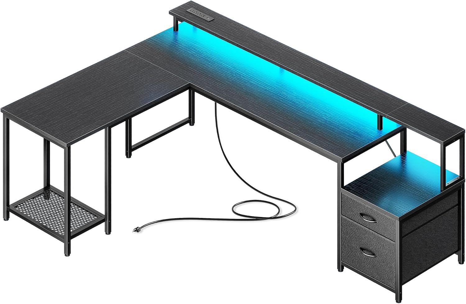 71nTXL-CloL._AC_SL1500_.jpg 66" L Shaped Gaming Desk with LED Lights & Power Outlets, Computer Desk with Fabric Drawers and Print Stand, Corner Office Desk, Monitor Stand, Mesh CPU Stand, Black - Image 1