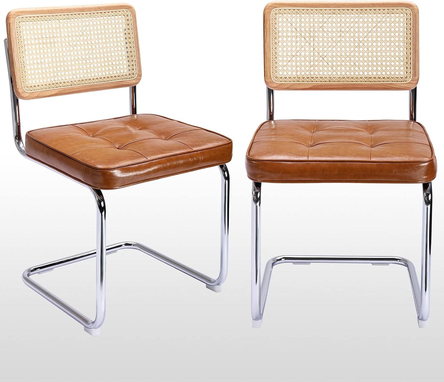 71uV6aoUjeL._AC_SL1500_.jpg Modern Dining Chairs, Upholstered Tufted Faux Leather Accent Chairs Rattan Dining Chairs Set of 2, Armless Mesh Back Cane Chairs with Metal Chrome Legs, Brown - Image 1