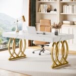 63-Inch Office Desk, Computer Desk with Stylish Gold Legs, Rectangular Workstation for Home Office, Small Conference Table for Meeting Room (White & Gold)