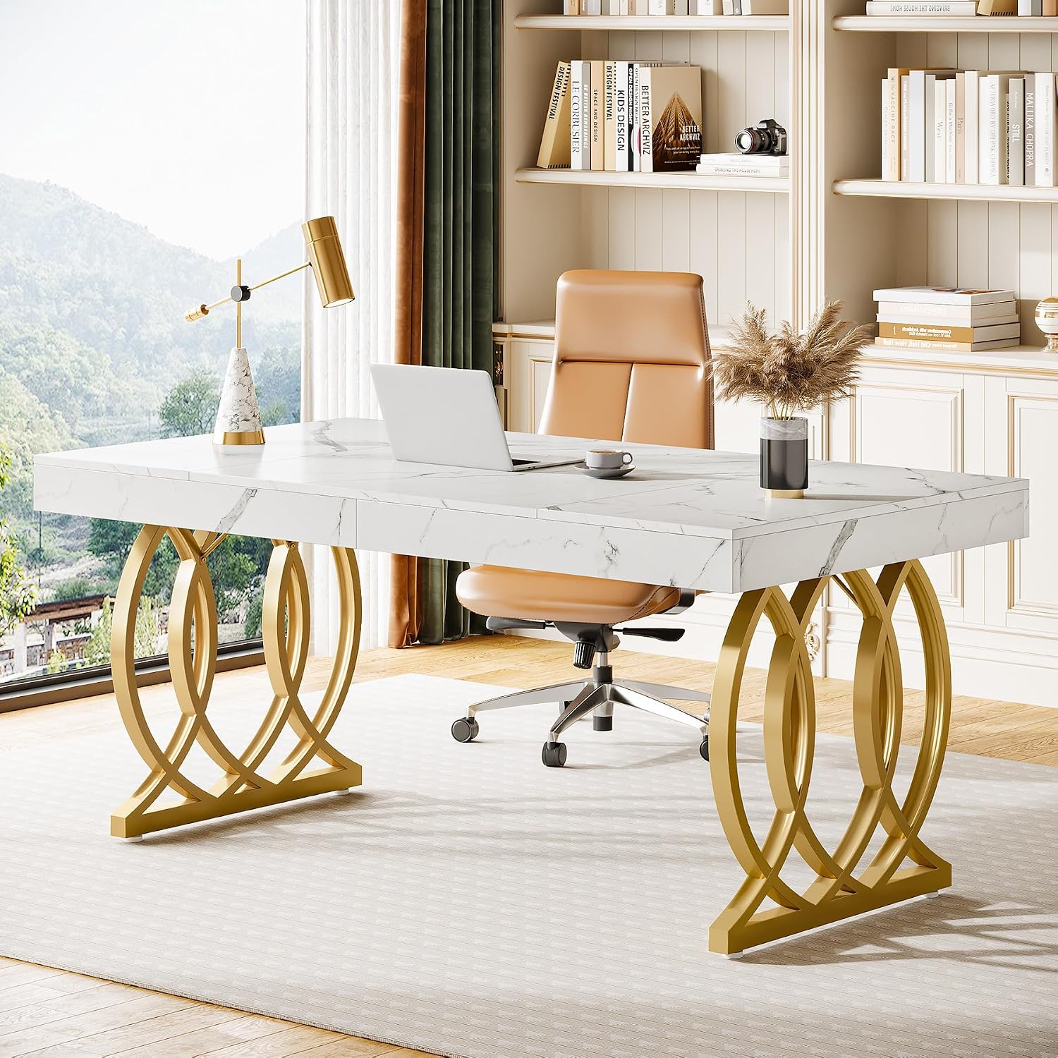 81GtvFCDysL._AC_SL1500_.jpg 63-Inch Office Desk, Computer Desk with Stylish Gold Legs, Rectangular Workstation for Home Office, Small Conference Table for Meeting Room (White & Gold) - Image 1