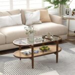 Rattan Coffee Table, 40”L Boho Oval Acacia Wood Cocktail Table with Tempered Glass Tabletop & PE Rattan Storage Shelf, 2-Tier Tea Center Table for Living Room Office Reception (Boho, Brown) - Image 2