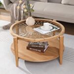 Rattan Coffee Tables, 2-Tier Round Boho Cocktail Tables, Mid Century Modern Coffee Table with Rattan & Tempered Glass Top and Wood Legs, Sofa Table for Living Room (Natural) - Image 2