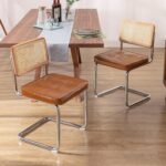 Modern Dining Chairs, Upholstered Tufted Faux Leather Accent Chairs Rattan Dining Chairs Set of 2, Armless Mesh Back Cane Chairs with Metal Chrome Legs, Brown - Image 2