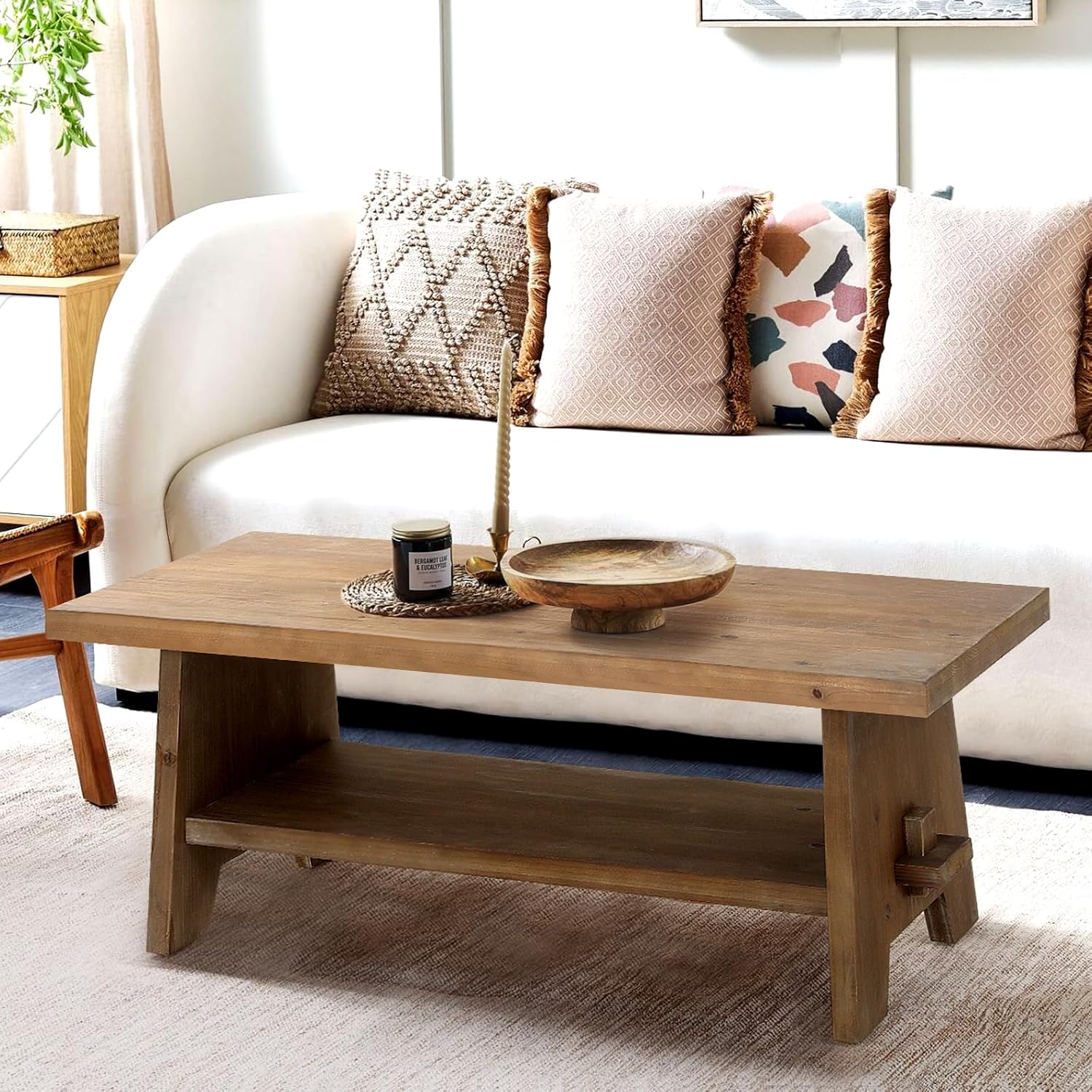 81iTTNQ3RUL._AC_SL1500_.jpg Wood Coffee Table - 43.4” Mid Century Modern Wooden Coffee Tables for Living Room, Solid Firwood Tabletop Rectangle Coffee Table, Center Table for Living Room, Brown - Image 1