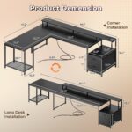 66" L Shaped Gaming Desk with LED Lights & Power Outlets, Computer Desk with Fabric Drawers and Print Stand, Corner Office Desk, Monitor Stand, Mesh CPU Stand, Black - Image 2