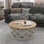 Coffee Table, 30'' Round French Country Coffee Table, Distressed Wood Tray Top Vintage Coffee Table with Storage Shelf for Living Room Dining Room Bedroom, Small Space, Beige