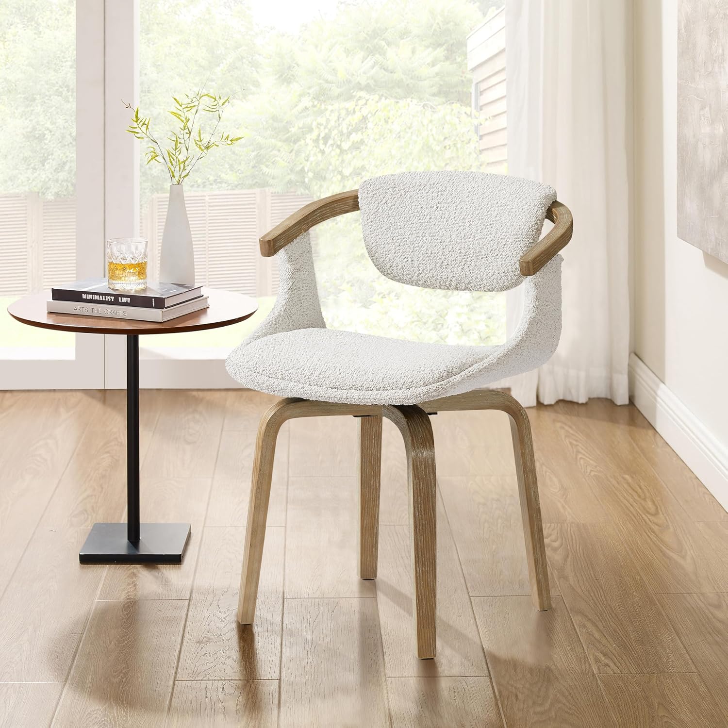 91M3Zd0OfQL._AC_SL1500_.jpg Swivel Desk Chair No Wheels, Mid Century Modern Office Chair, Boucle Dining Chair with Wood Legs, Accent Arm Chair for Living Room Bedroom Home Office, 1Pcs, Ivory - Image 1