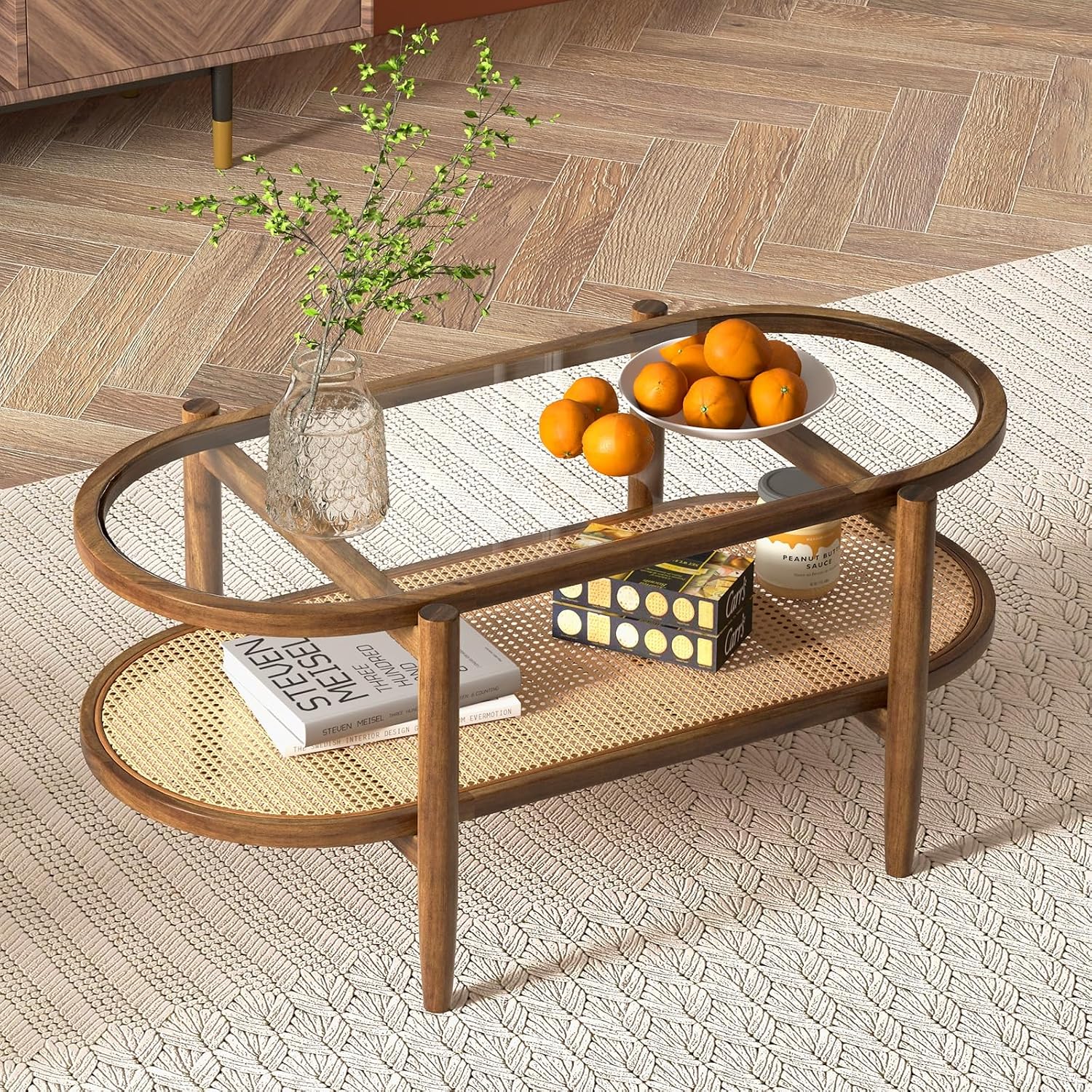91QMLYv-q6L._AC_SL1500_.jpg Rattan Coffee Table, 2-Tier Oval Acacia Wood Tea Table w/Tempered Glass Tabletop & PE Rattan Storage Shelf, Boho Cocktail Tables, Mid Century Modern Center Table for Living Room Office, Brown - Image 1