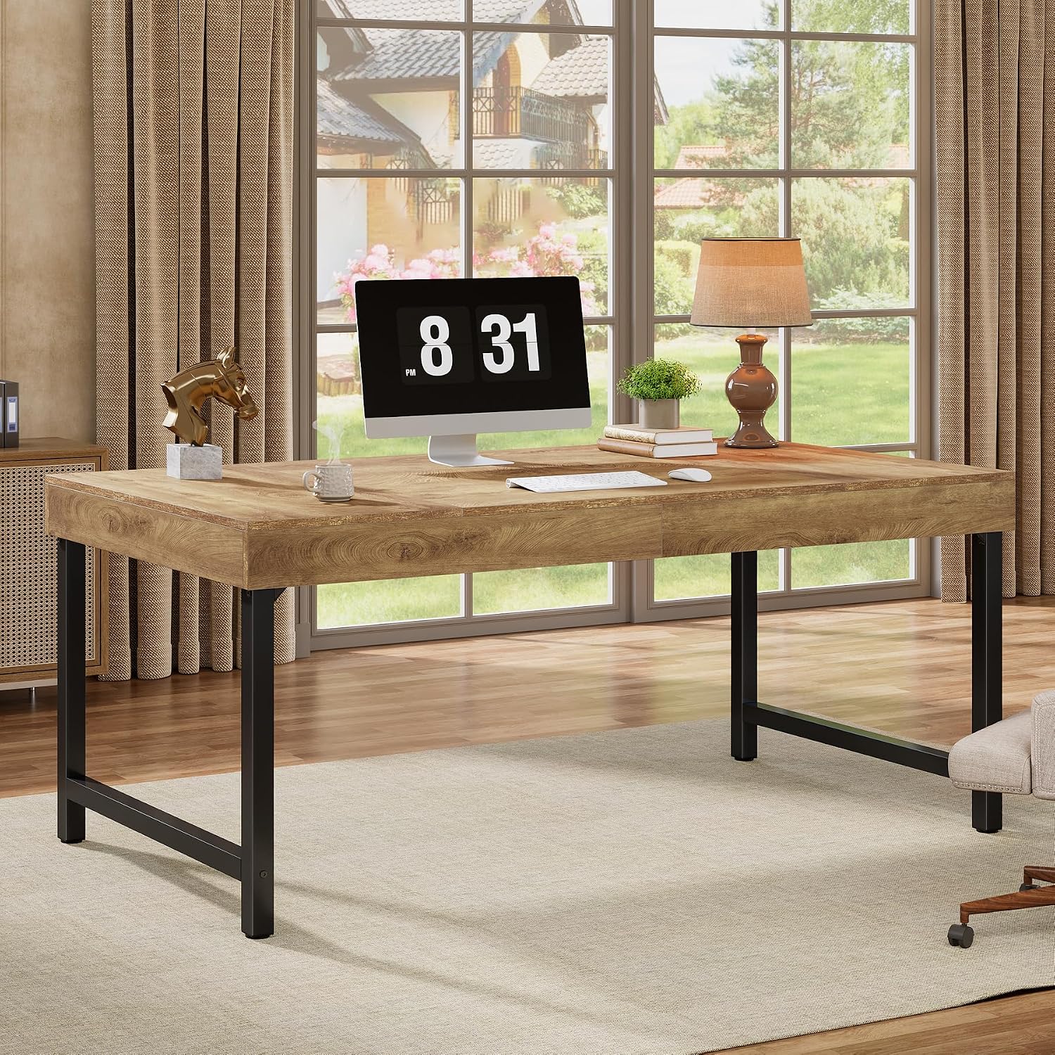 91Rq9eqUL._AC_SL1500_.jpg 55" Industrial Office Desk for Home Office, Rustic Computer Laptop Desk with Strong Metal Legs, Study Writing Table Workstation, Small Conference Table - Image 1
