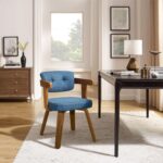Office Chair No Wheels - Mid Century Modern Desk Chair Fabric Upholstered Swivel Dining Chairs with Wood Legs for Small Spaces Home Office Living Room Bedroom Study, Blue/Walnut