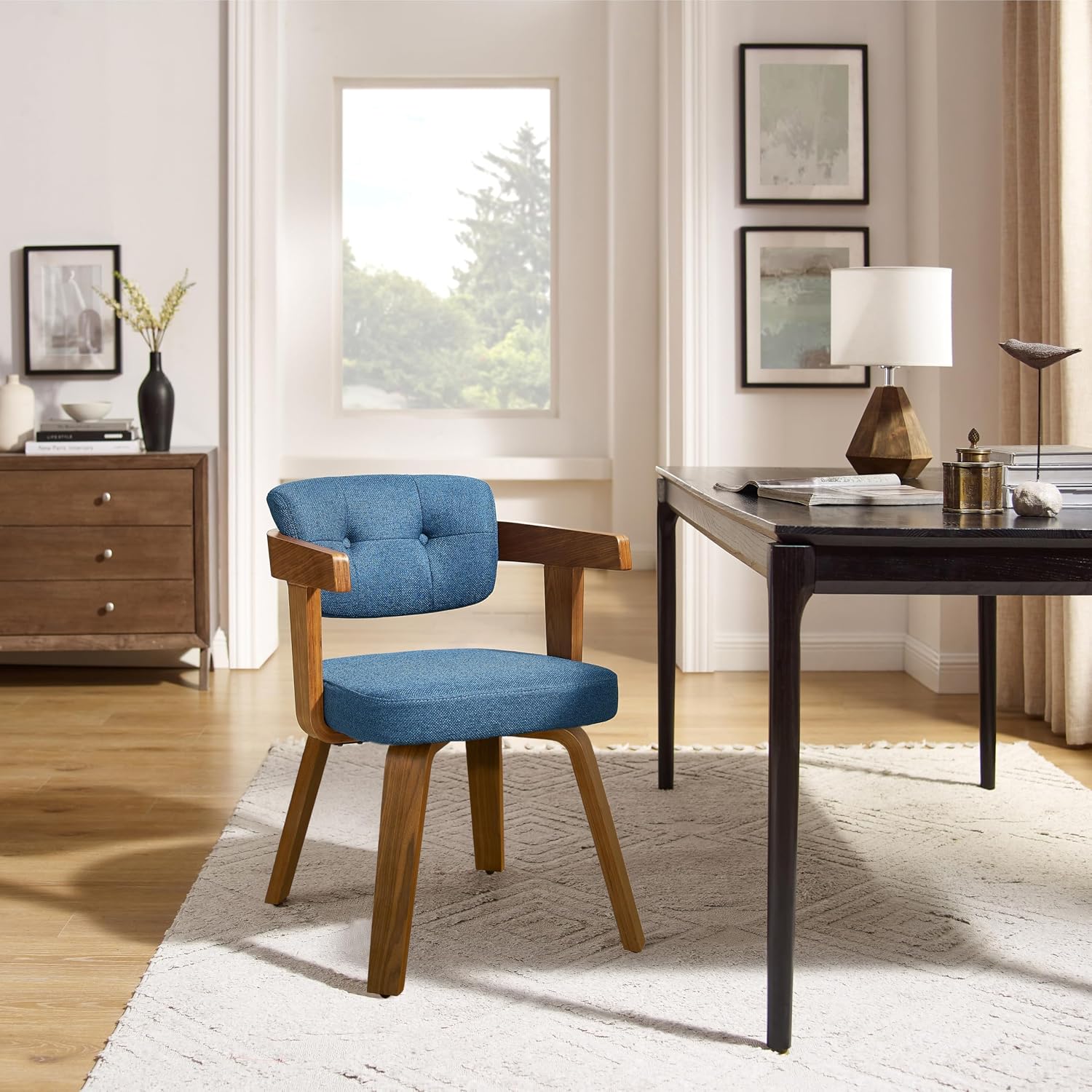 91jesNxvf9L._AC_SL1500_.jpg Office Chair No Wheels - Mid Century Modern Desk Chair Fabric Upholstered Swivel Dining Chairs with Wood Legs for Small Spaces Home Office Living Room Bedroom Study, Blue/Walnut - Image 1